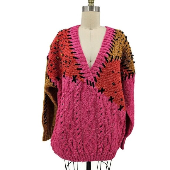 Sideffects Sweaters - Vtg Deadstock Sideffects V Neck Sweater Womens S Beaded Pink Wool Blend